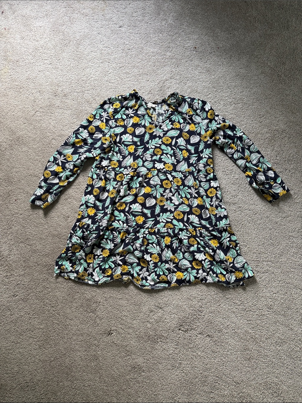 LOFT Blue Floral Tiered Dress with Yellow and Mint Print
